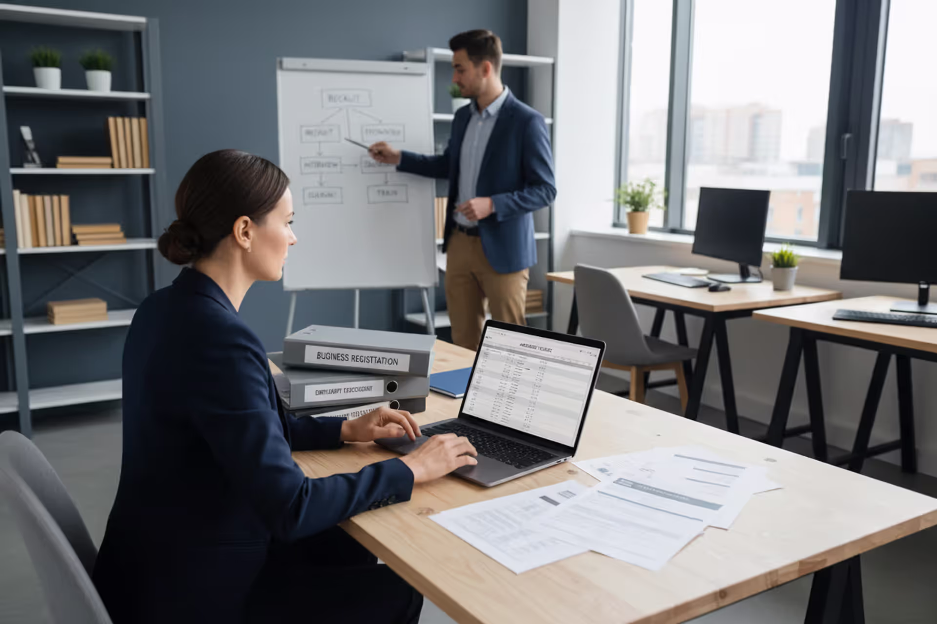 LLC owner reviewing hiring paperwork in a small business office