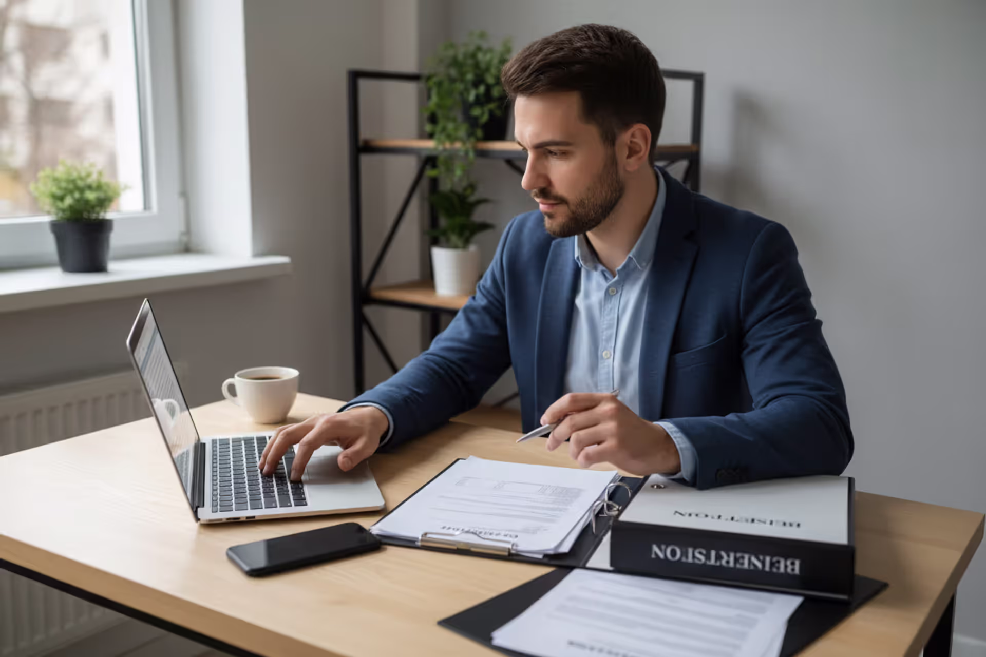 Entrepreneur reviewing business formation documents at a desk before starting a company