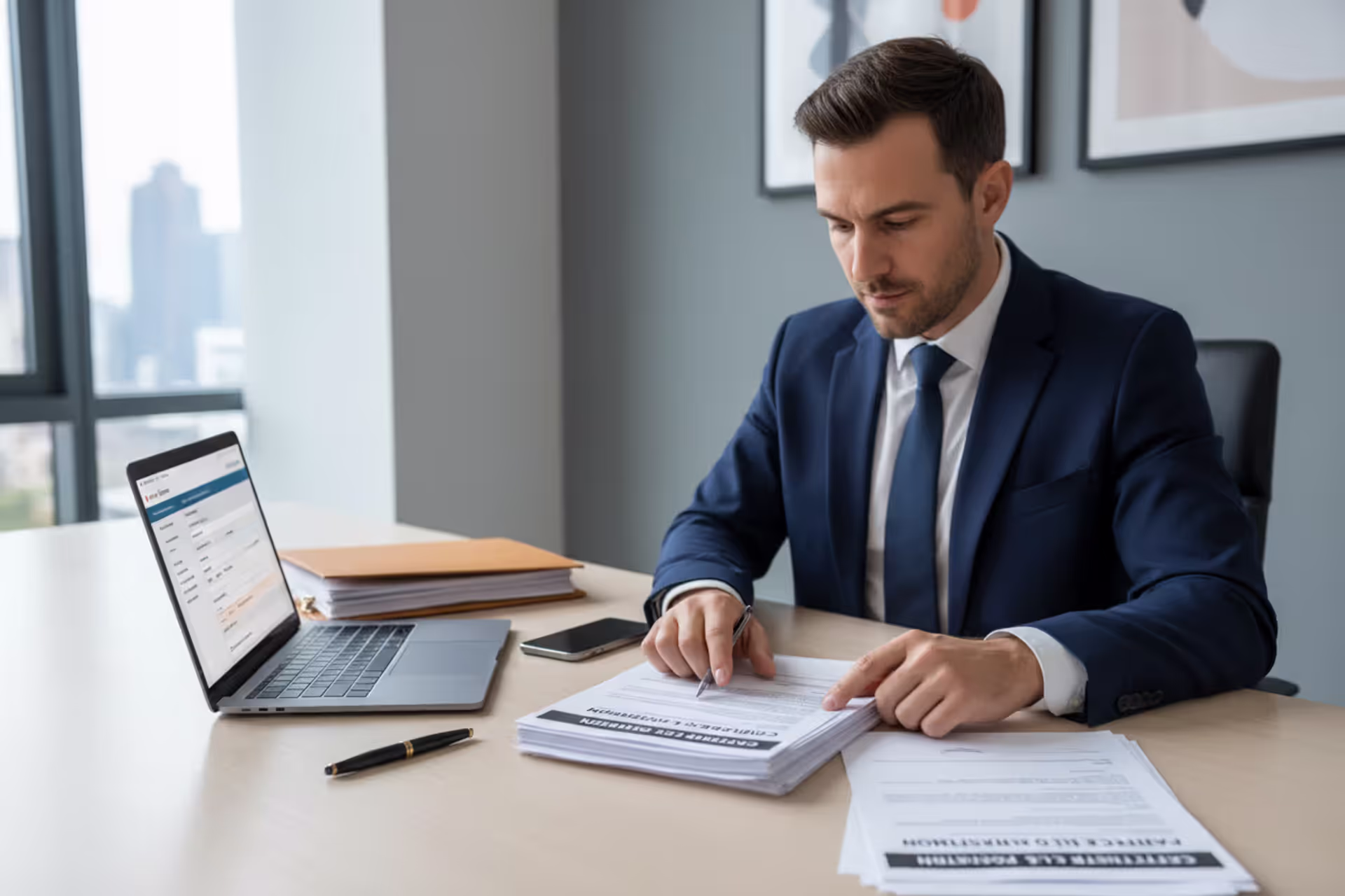 Entrepreneur reviewing LLC formation documents at office desk