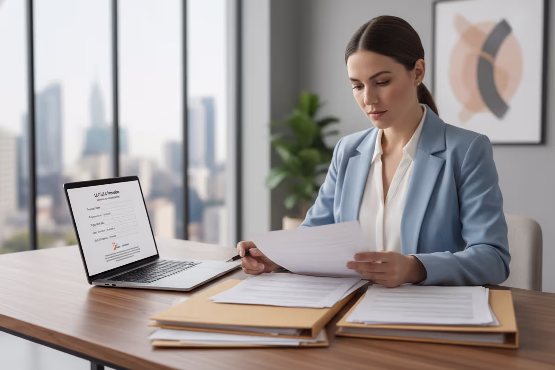 Entrepreneur reviewing LLC formation documents at a desk