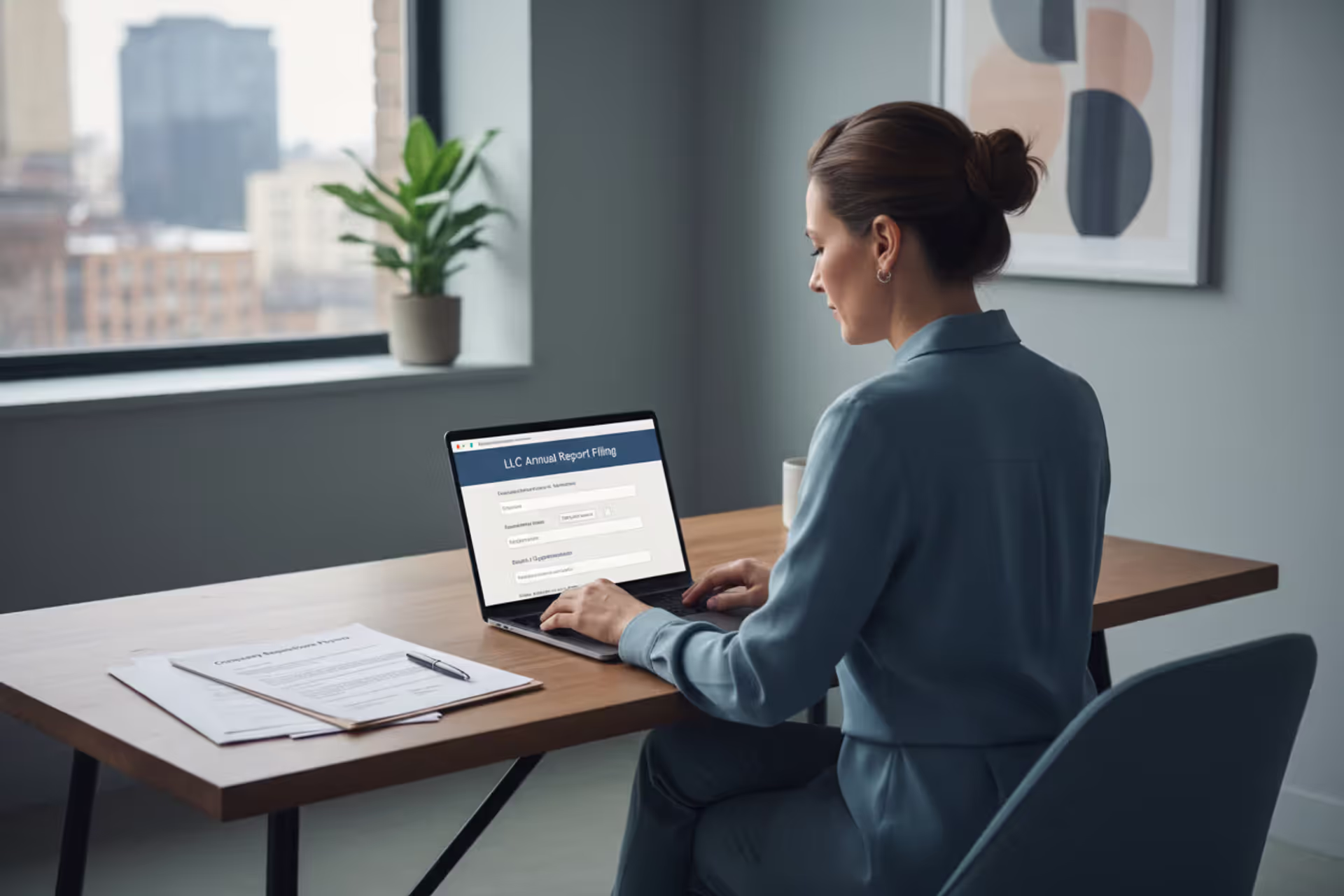 Business owner filing an LLC annual report online at a desk