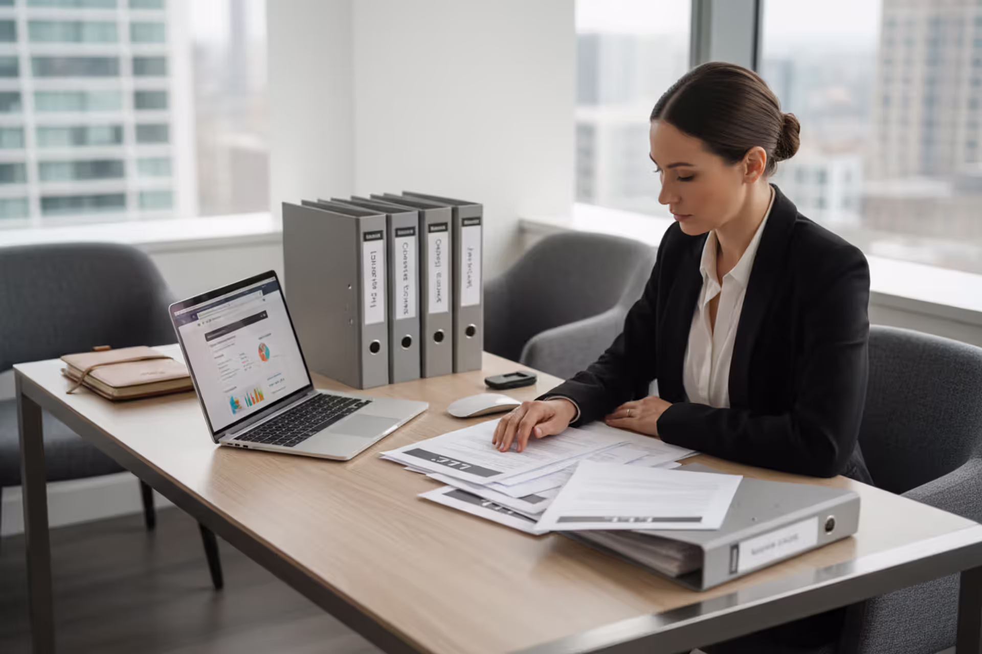 Business owner reviewing LLC amendment documents at office desk