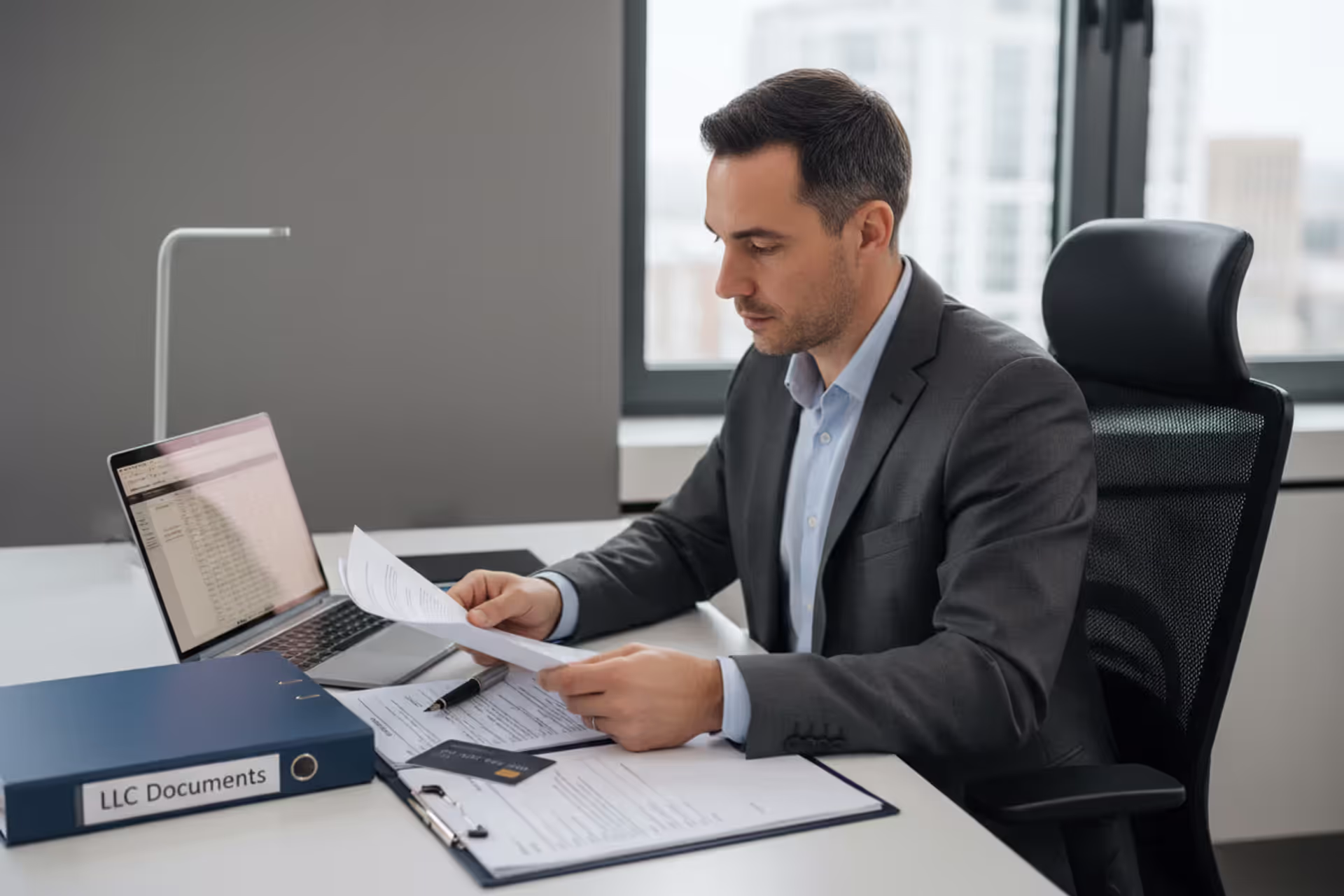 Business owner reviewing LLC resolution documents at office desk