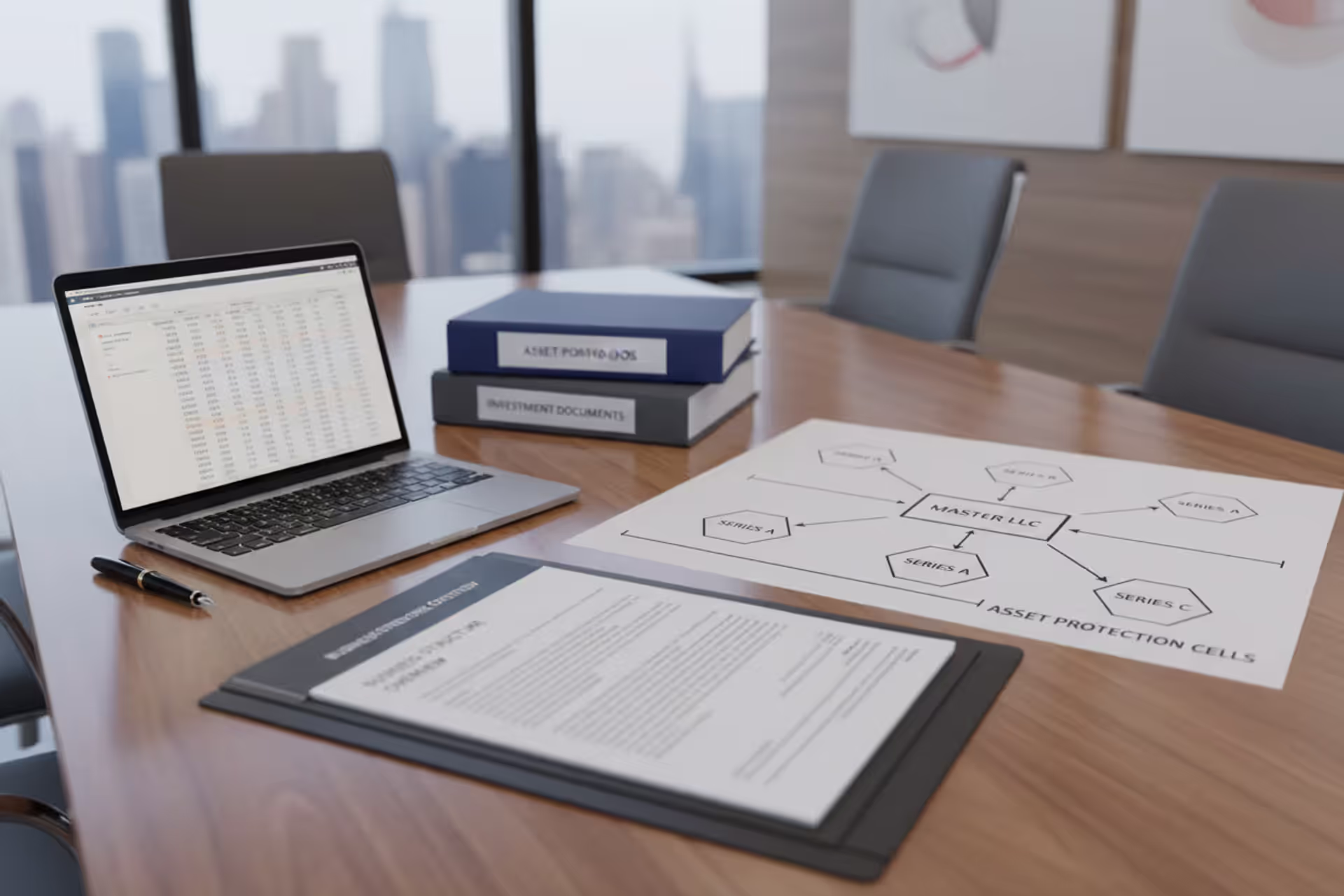 Series LLC business structure diagram with master entity and separate series in an office setting