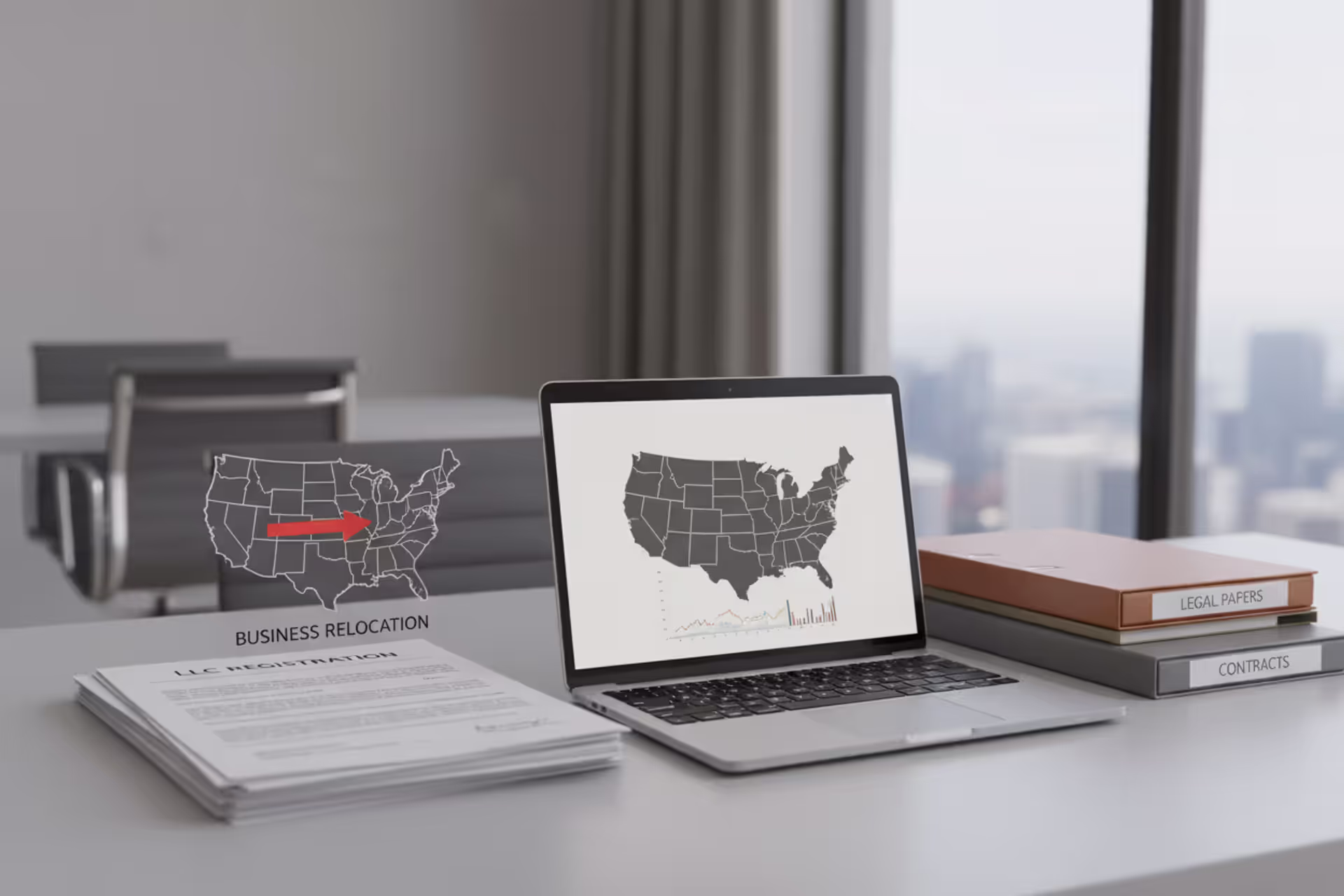 LLC relocation documents and U.S. map on office desk