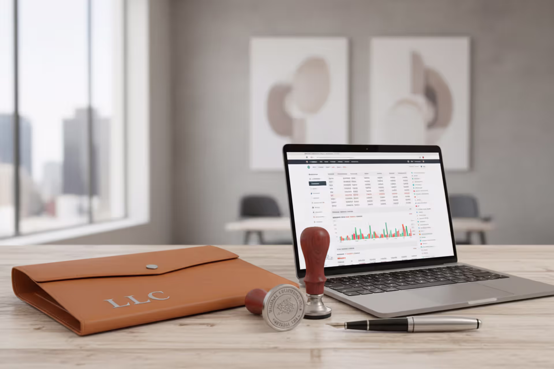 Современный офисный стол, на столе папка с документами LLC, деловая печать, ручка, ноутбук с открытым бизнес-порталом, нейтральная деловая обстановка, без людей крупным планом, без календарей и калькуляторов, на изображении не должно быть русского текста