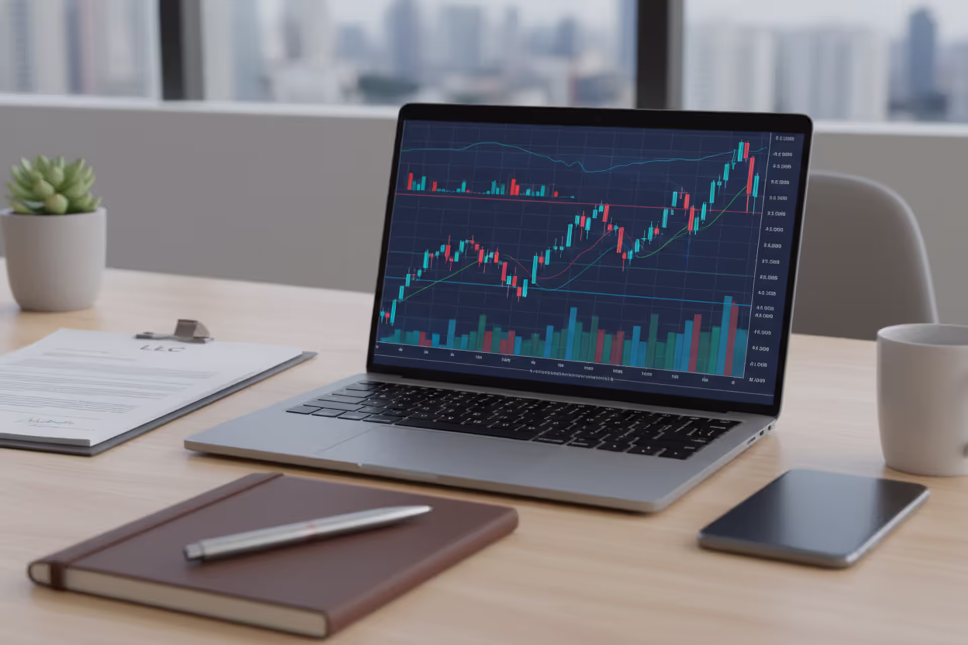 Investor desk with stock charts and LLC formation documents