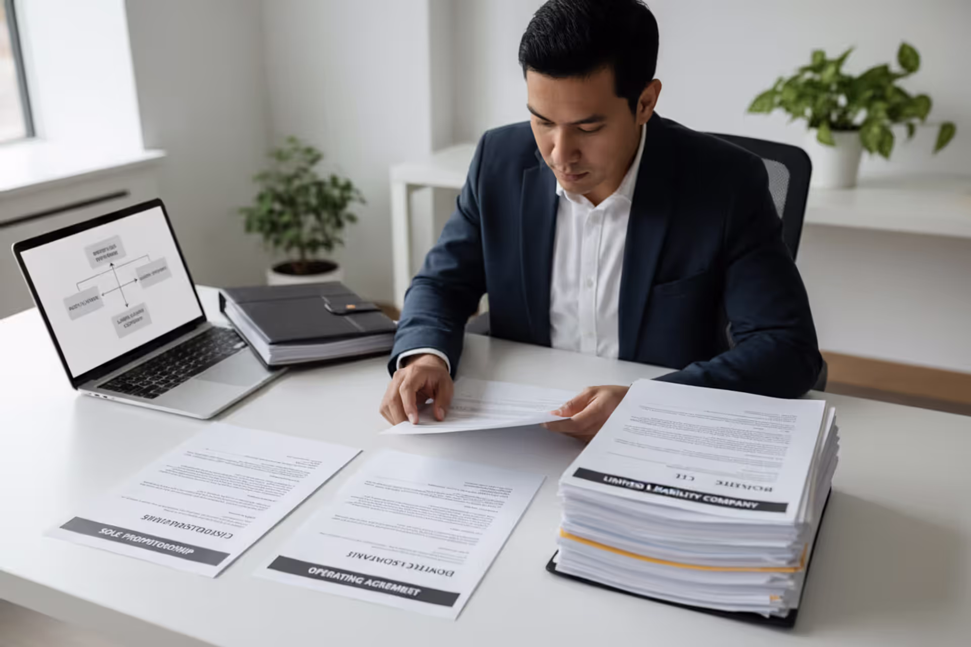 Small business owner reviewing LLC formation documents at office desk