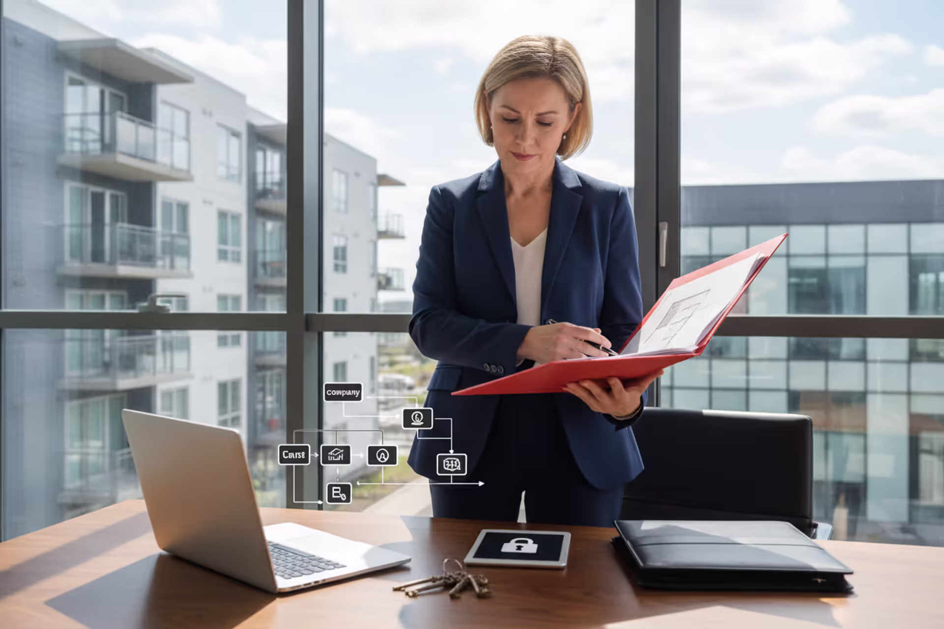 Real estate owner reviewing property transfer documents in an office