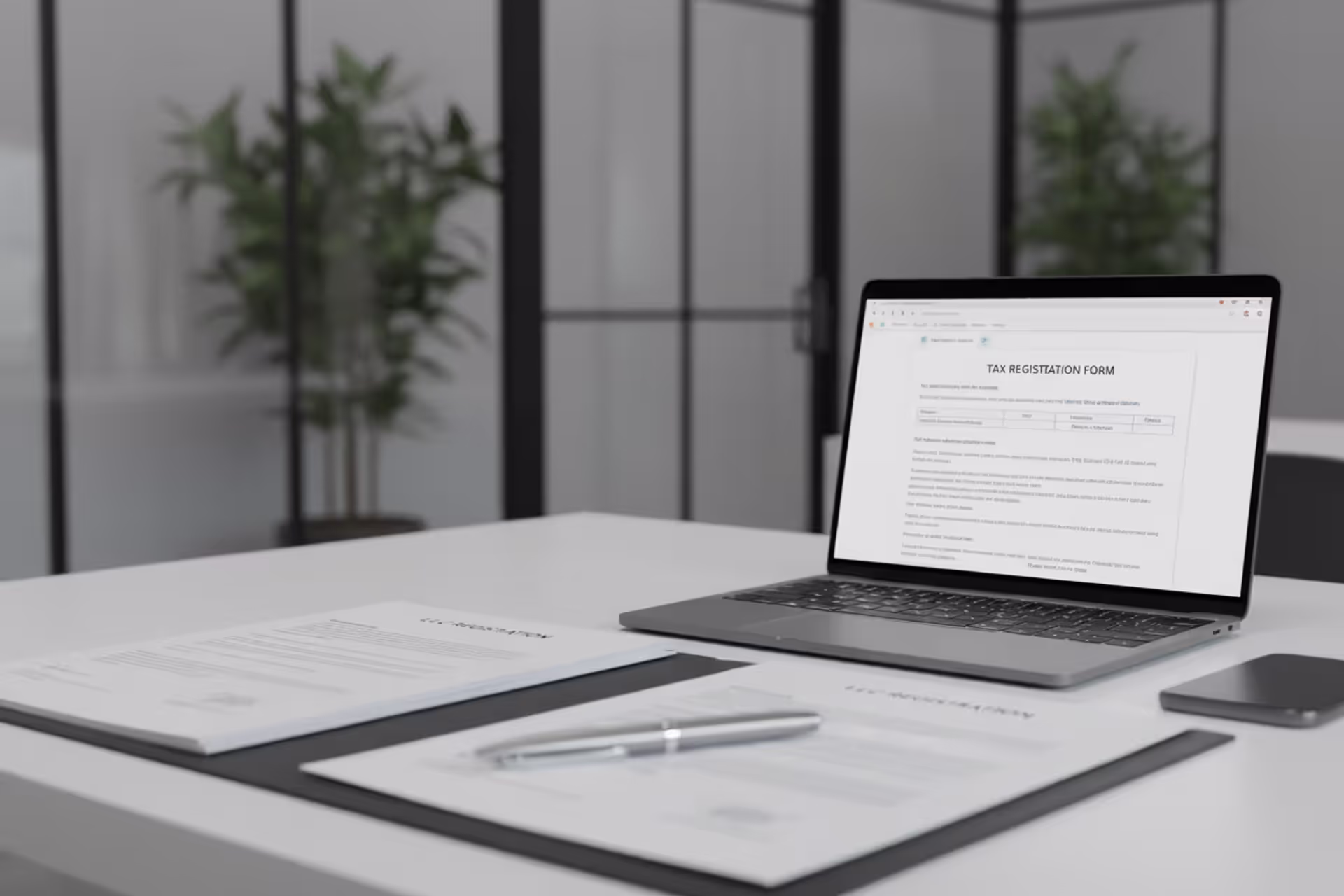 Business owner reviewing LLC formation documents and EIN paperwork at desk