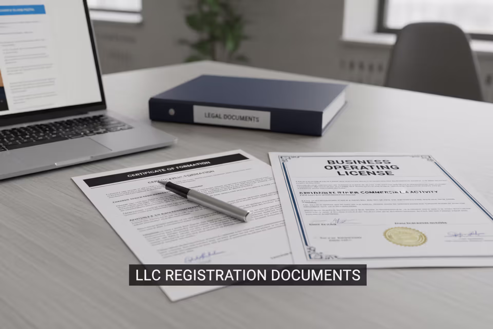 Business documents showing LLC formation and business license paperwork on an office desk