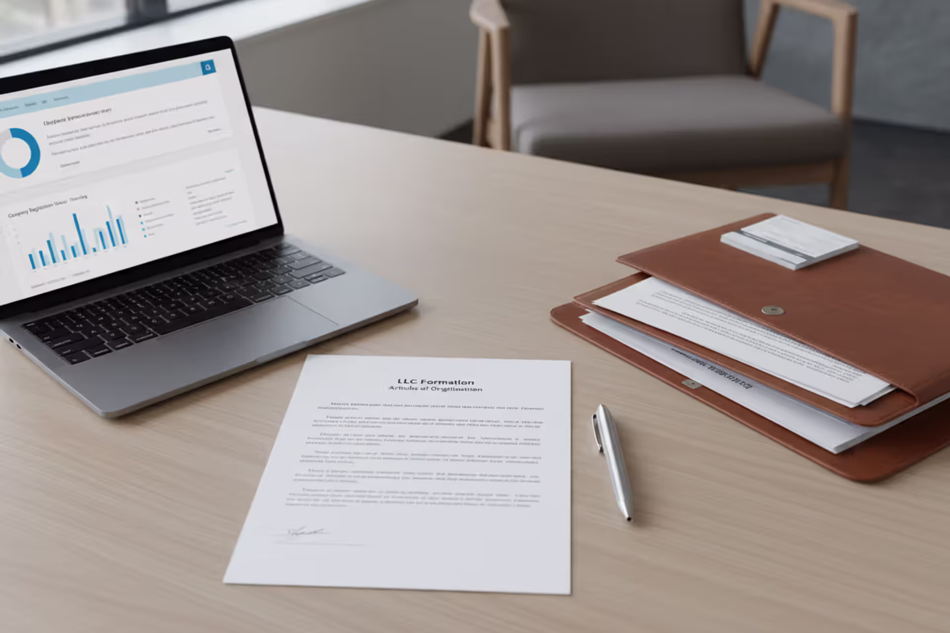 LLC formation documents on a desk with laptop and pen