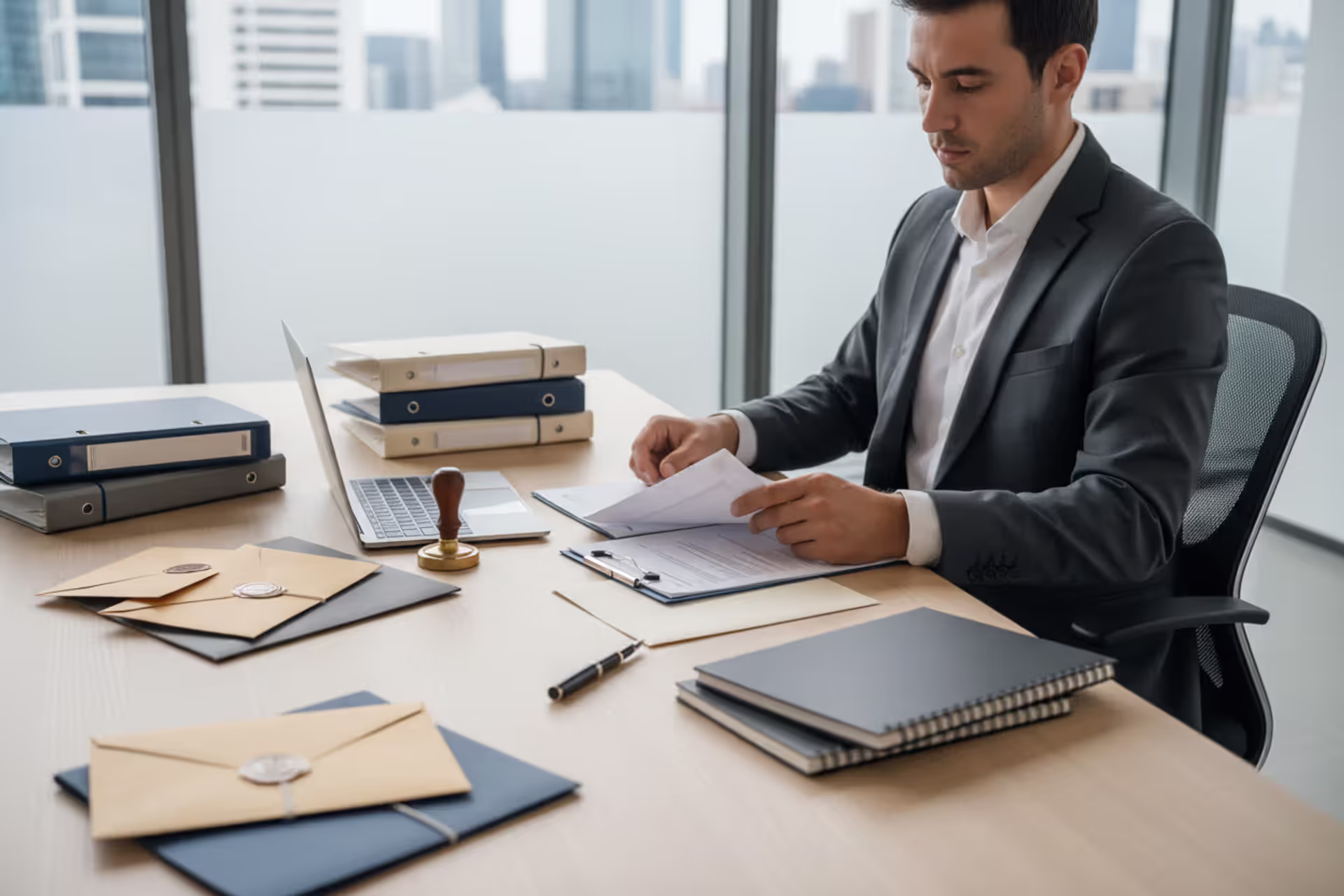 Business owner reviewing legal documents and official mail for an LLC