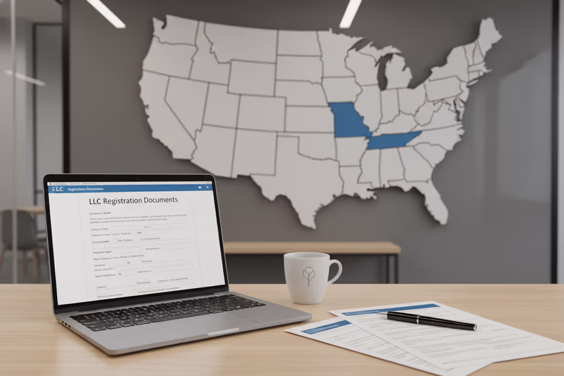 Small business owner reviewing LLC formation documents with US map on desk
