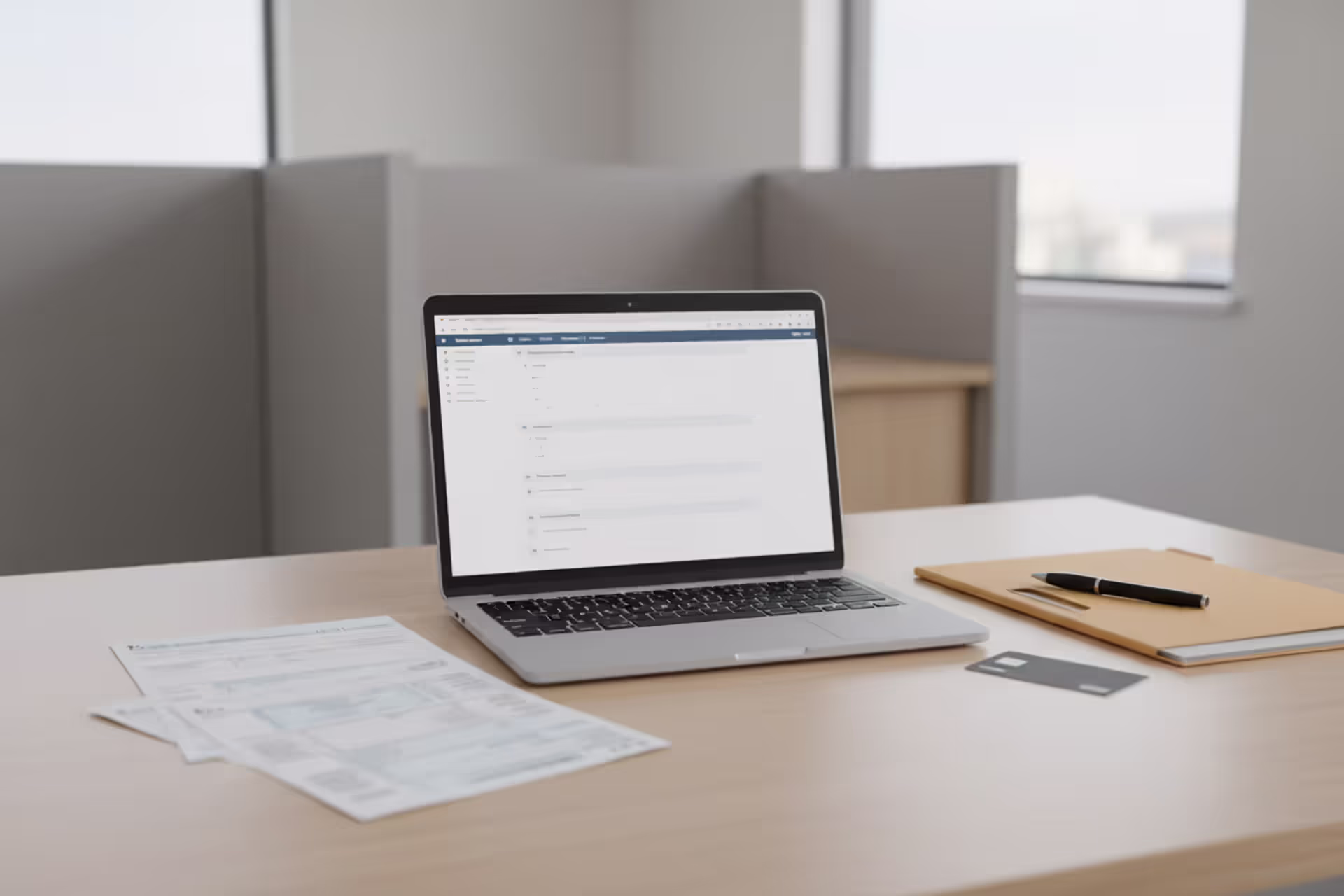 Empty small business desk with tax documents and laptop in an inactive LLC setting