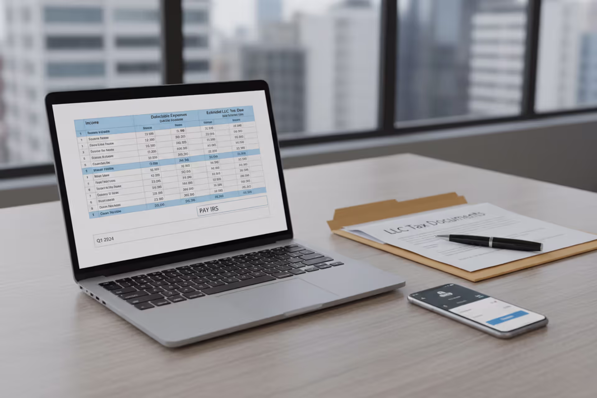 Small business owner workspace with laptop, tax documents and financial records