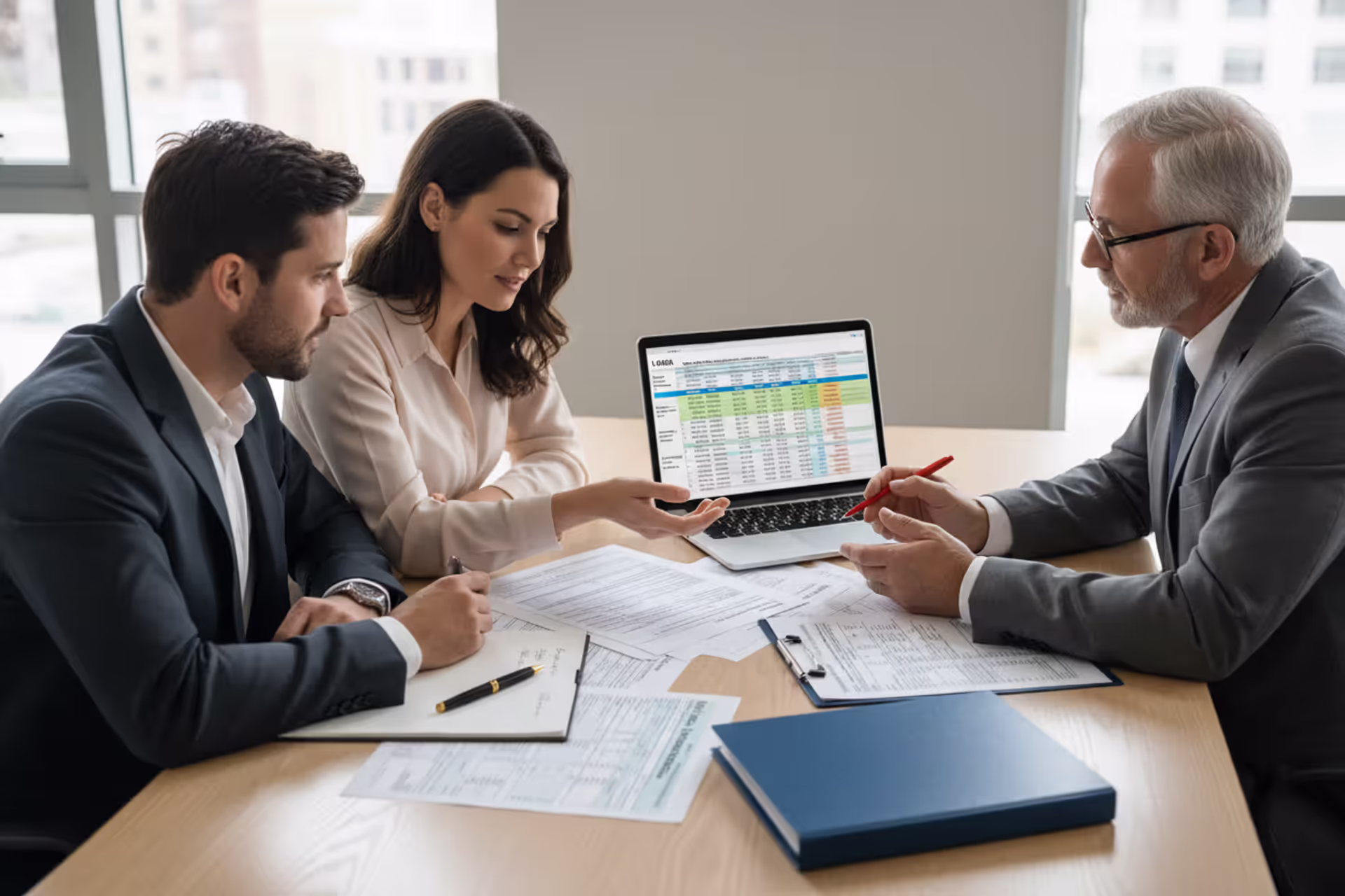 Business partners reviewing LLC tax documents with an accountant in an office