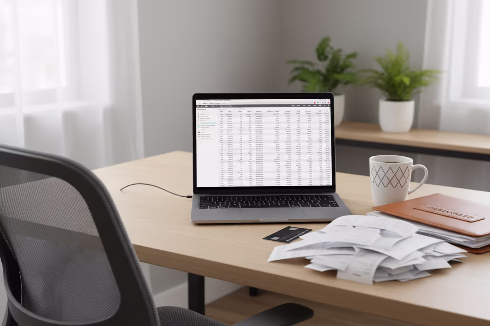 Small business owner workspace with tax documents and laptop