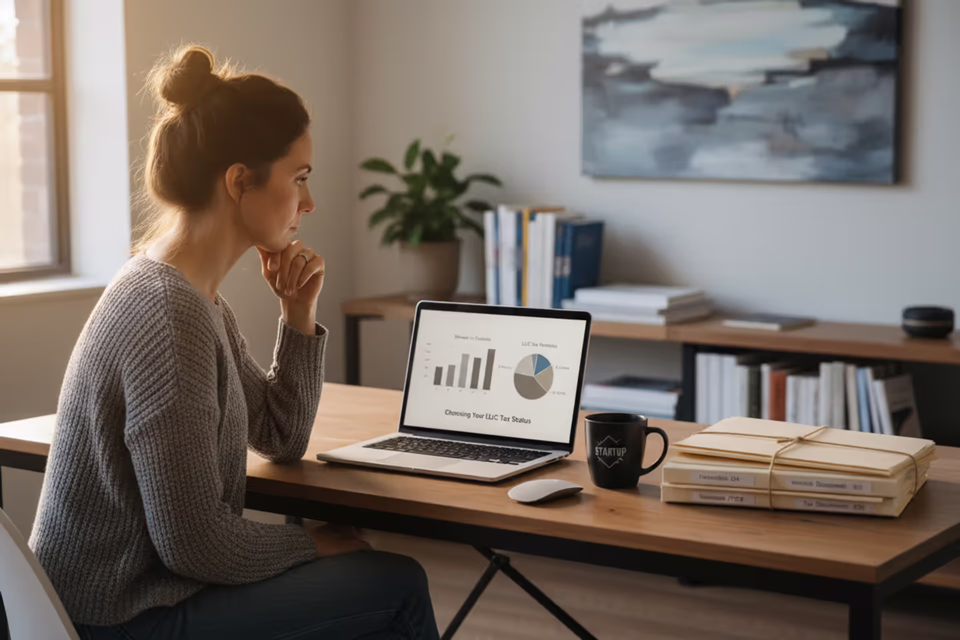 Small business owner reviewing LLC and S corp tax options at a desk