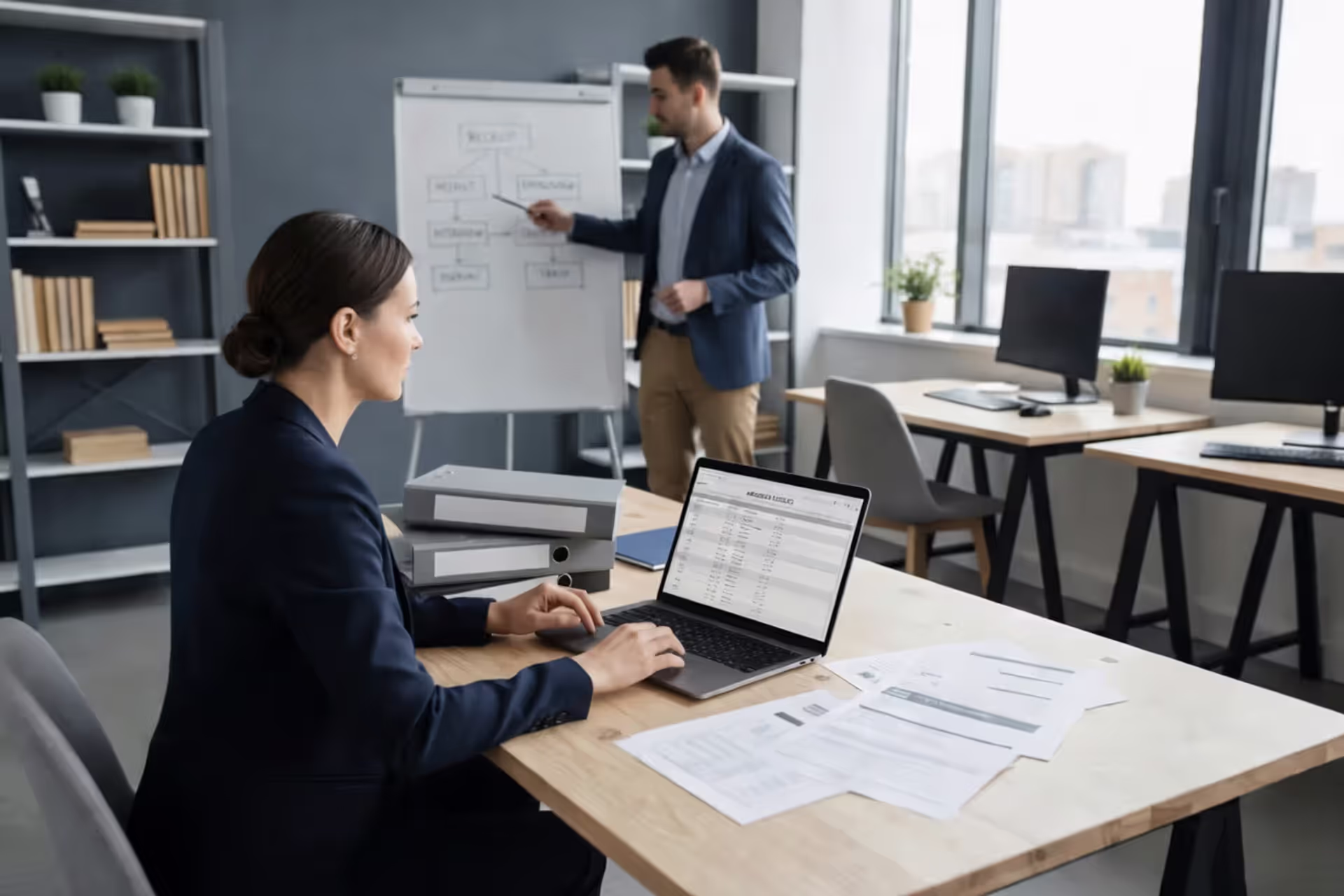 LLC owner reviewing hiring paperwork in a small business office