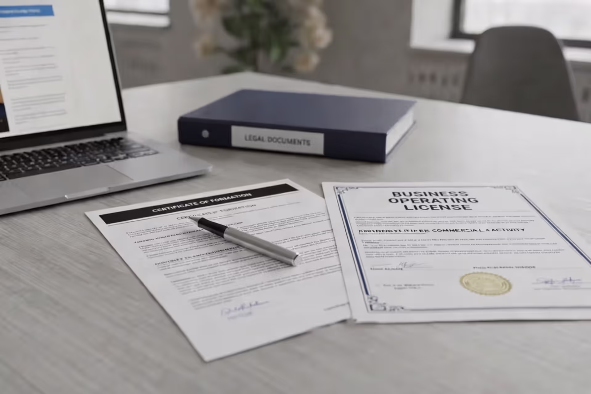 Business documents showing LLC formation and business license paperwork on an office desk