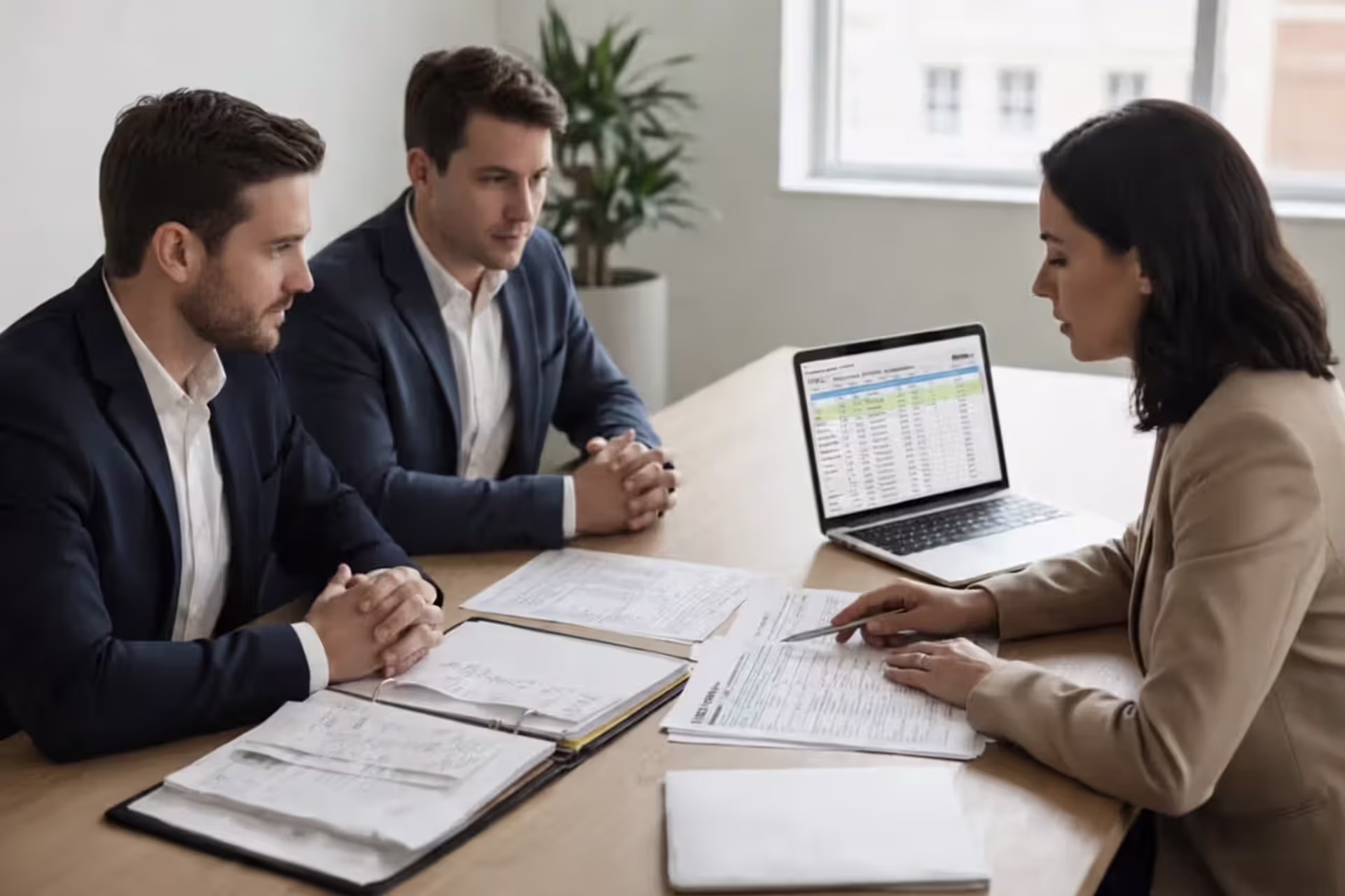 Business partners reviewing U.S. tax forms and financial documents with an accountant